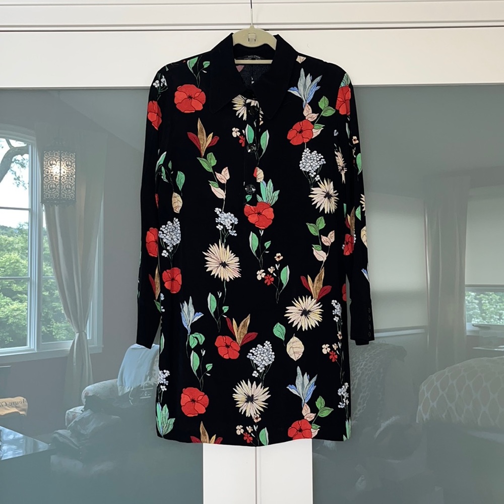 Zara Woman Long Sleeve Floral Shirt Dress.